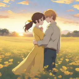 An anime couple standing in each other's arms in a beautiful field of yellow flowers