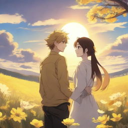 An anime couple standing in each other's arms in a beautiful field of yellow flowers