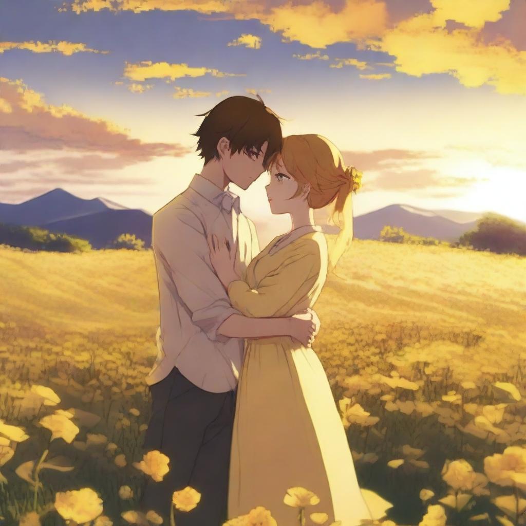 An anime couple standing in each other's arms in a beautiful field of yellow flowers