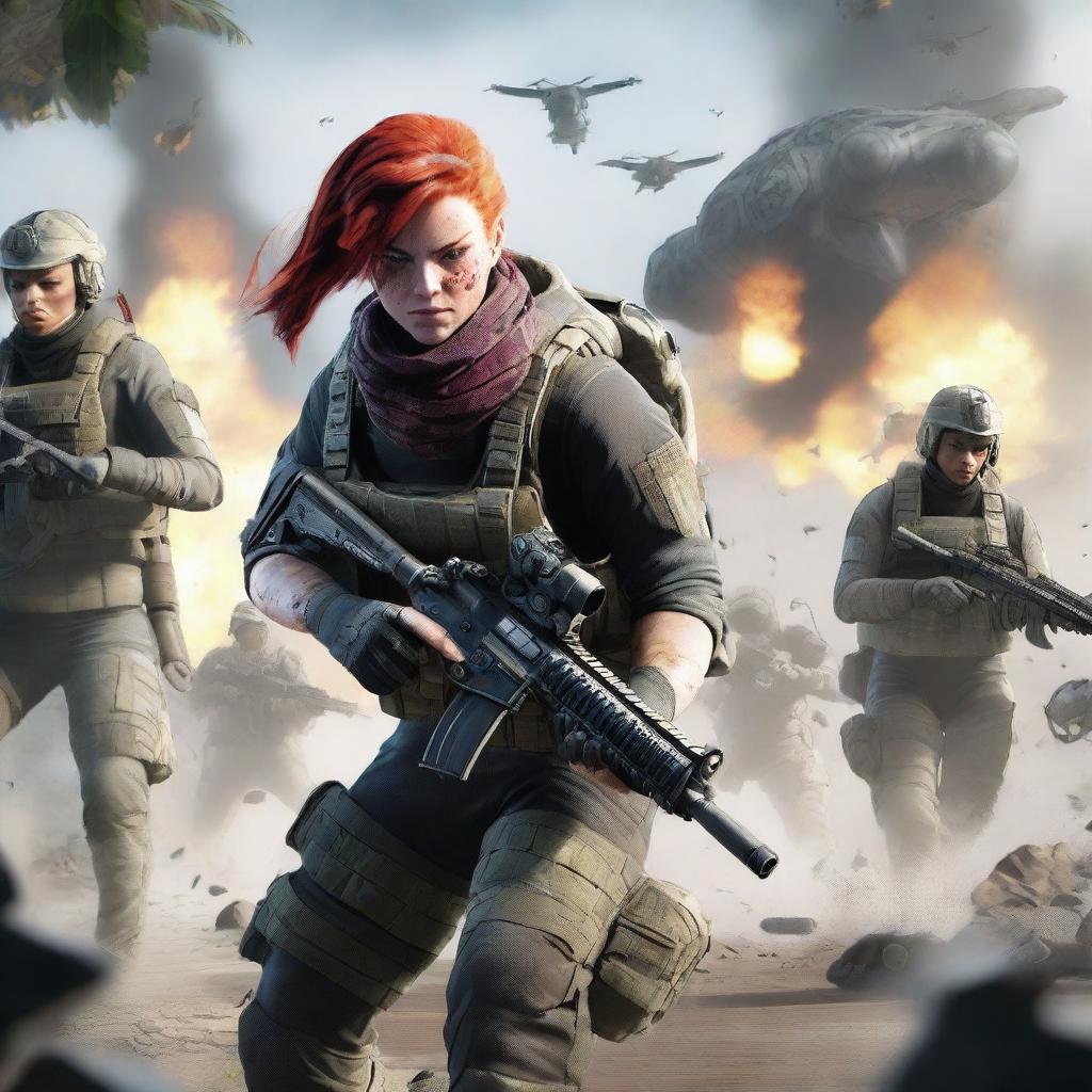 A female soldier with red hair, dressed in tactical gear, is fighting off Sentinel soldiers on the fictional island of Auroa from Ghost Recon Breakpoint