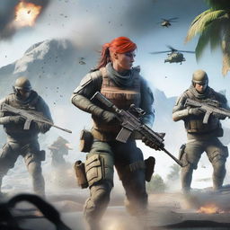 A female soldier with red hair, dressed in tactical gear, is fighting off Sentinel soldiers on the fictional island of Auroa from Ghost Recon Breakpoint