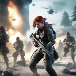 A female soldier with red hair, dressed in tactical gear, is fighting off Sentinel soldiers on the fictional island of Auroa from Ghost Recon Breakpoint