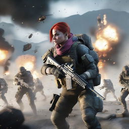 A female soldier with red hair, dressed in tactical gear, is fighting off Sentinel soldiers on the fictional island of Auroa from Ghost Recon Breakpoint