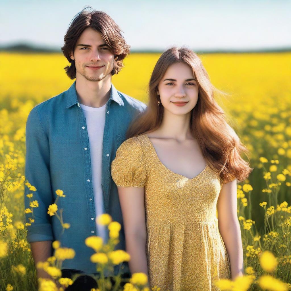 A young couple standing in a field of yellow flowers