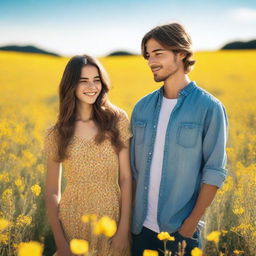 A young couple standing in a field of yellow flowers