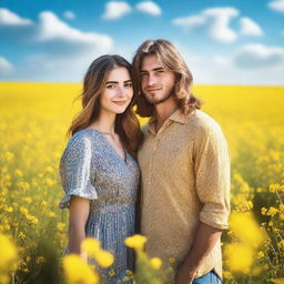 A young couple standing in a field of yellow flowers