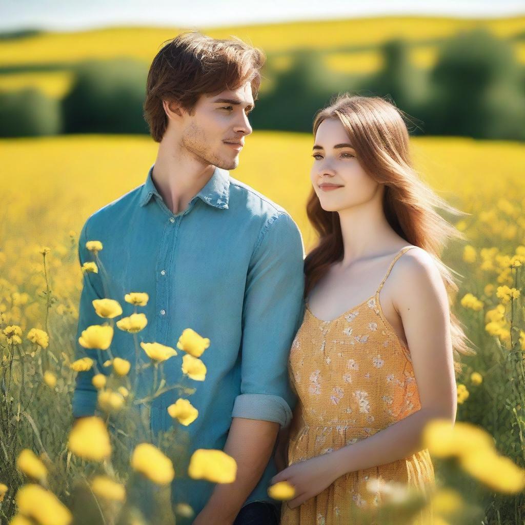 A young couple standing in a field of yellow flowers