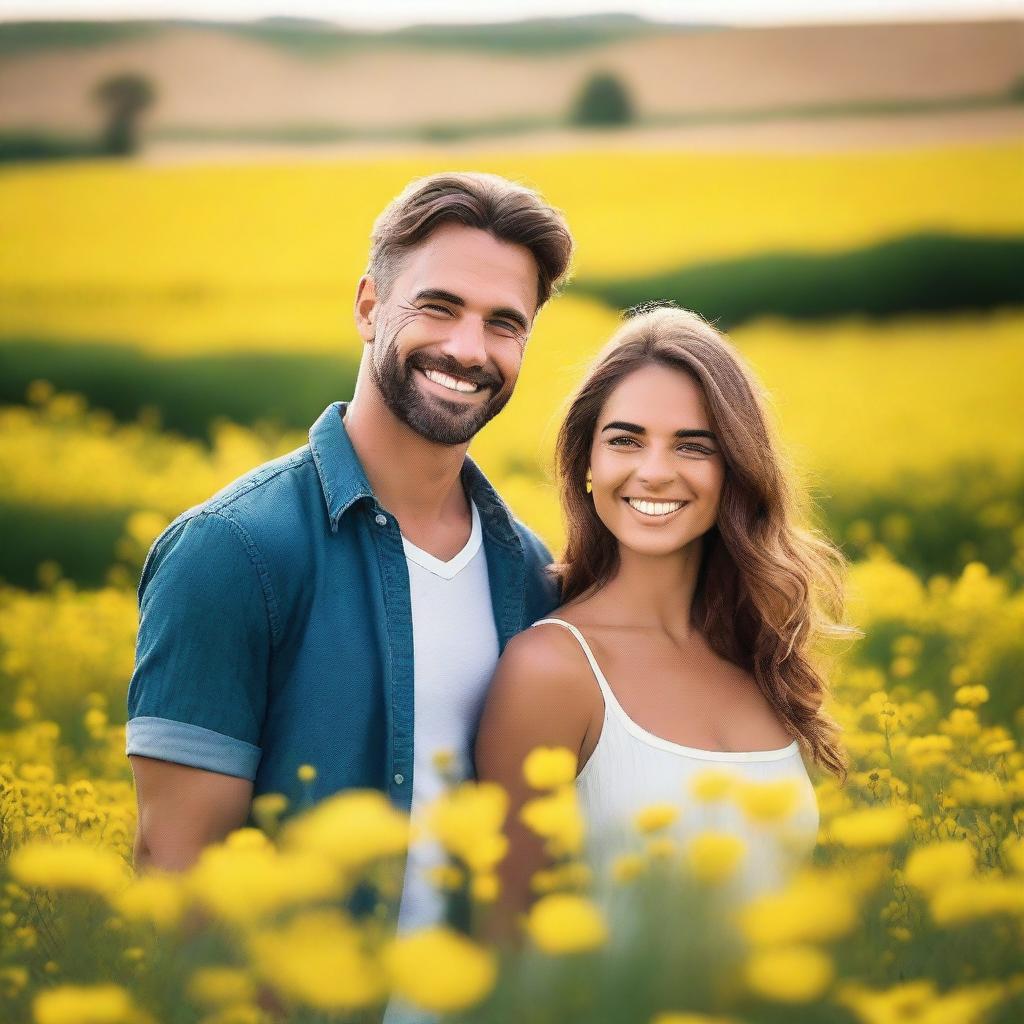 A clear image of a handsome man standing next to a beautiful woman in a field of vibrant yellow flowers