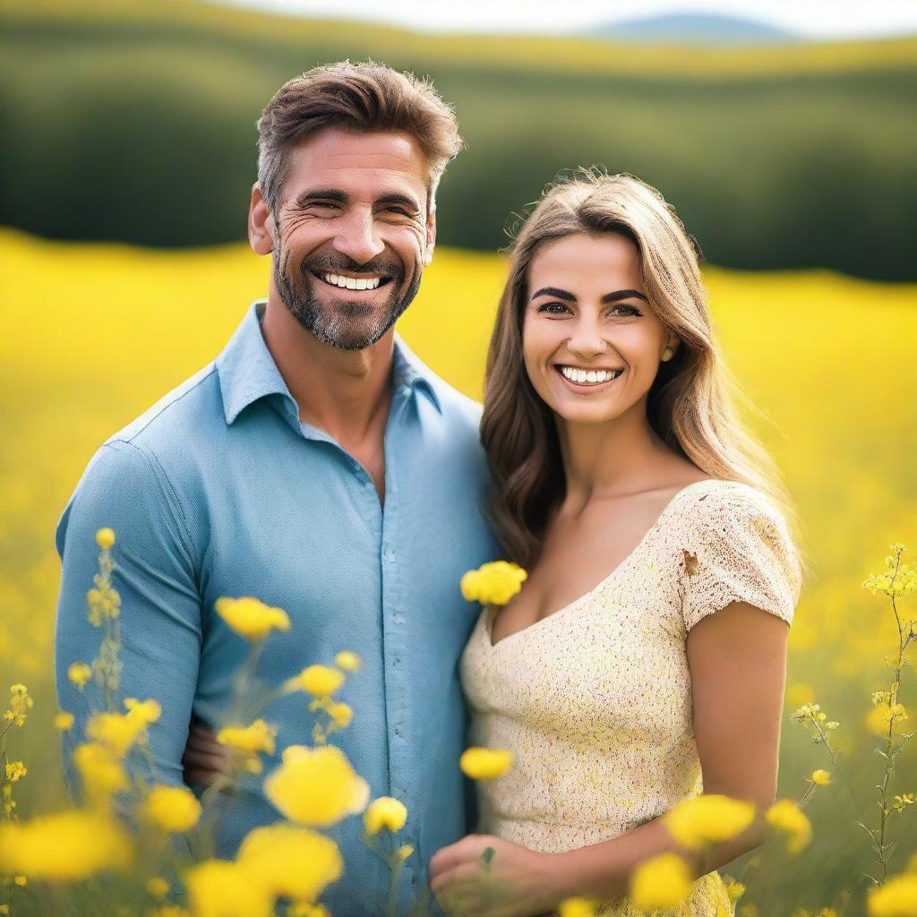 A clear image of a handsome man standing next to a beautiful woman in a field of vibrant yellow flowers