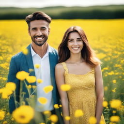 A clear image of a handsome man standing next to a beautiful woman in a field of vibrant yellow flowers