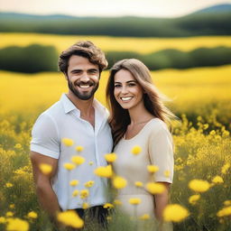 A clear image of a handsome man standing next to a beautiful woman in a field of vibrant yellow flowers