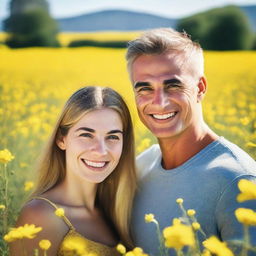 A clean-shaven man standing next to a pretty girl in a field of yellow flowers