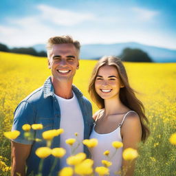 A clean-shaven man standing next to a pretty girl in a field of yellow flowers