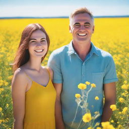 A clean-shaven man standing next to a pretty girl in a field of yellow flowers