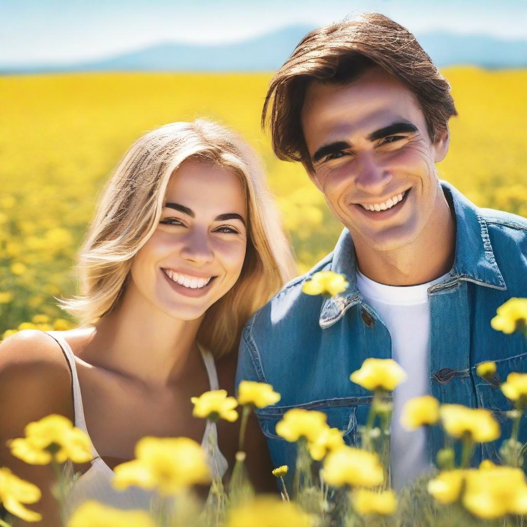 A clean-shaven man standing next to a pretty girl in a field of yellow flowers