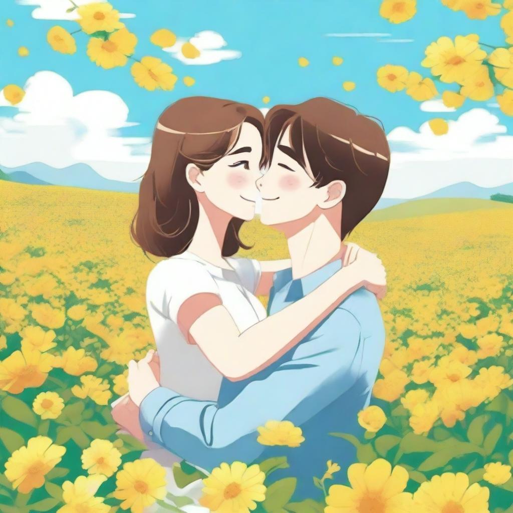 An animated picture of a young happy couple standing in a field of yellow flowers, holding each other in a loving embrace