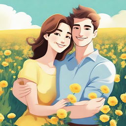 An animated picture of a young happy couple standing in a field of yellow flowers, holding each other in a loving embrace