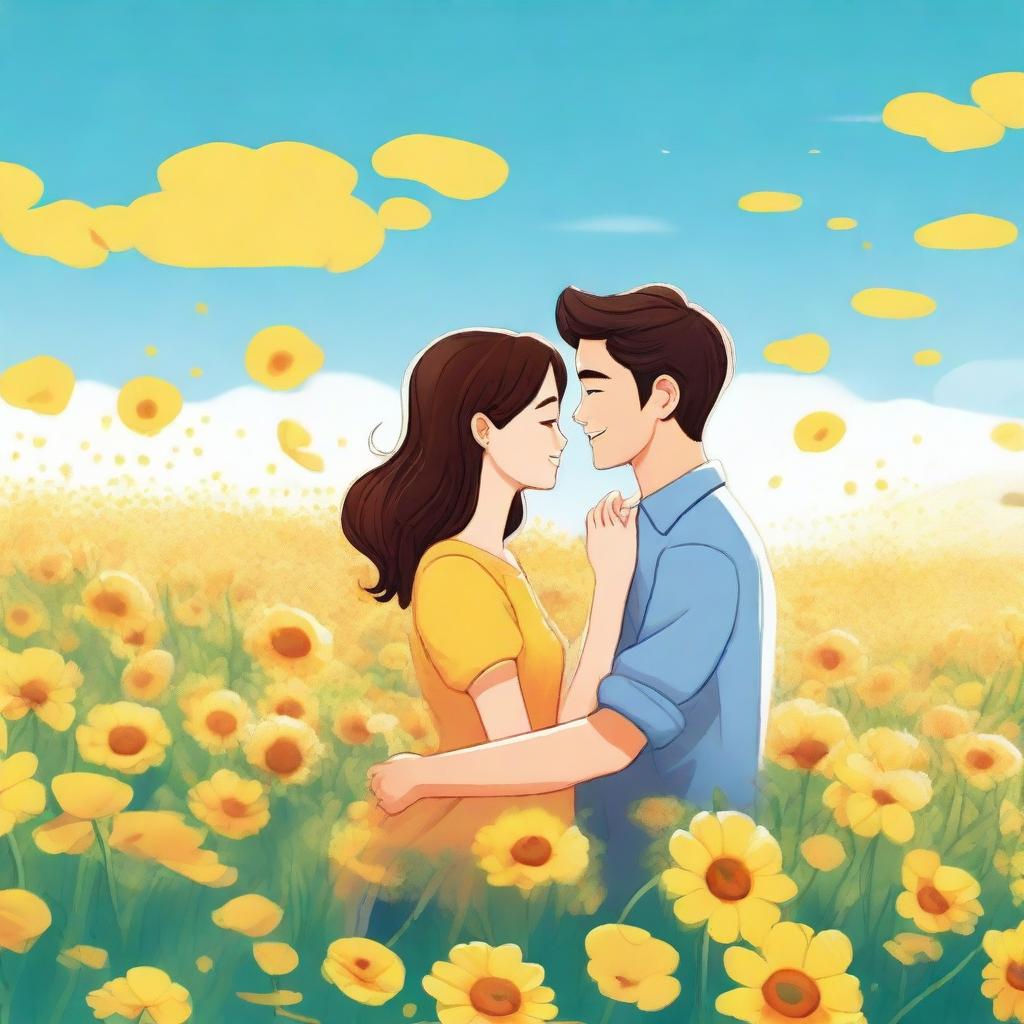 An animated picture of a young happy couple standing in a field of yellow flowers, holding each other in a loving embrace