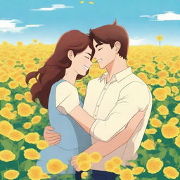 An animated picture of a young happy couple standing in a field of yellow flowers, holding each other in a loving embrace