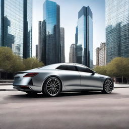 A detailed image of a modern car with sleek design, parked on a city street