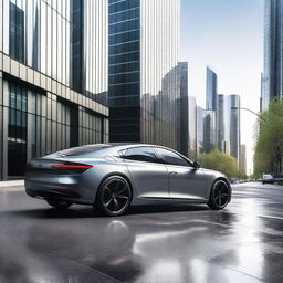 A detailed image of a modern car with sleek design, parked on a city street