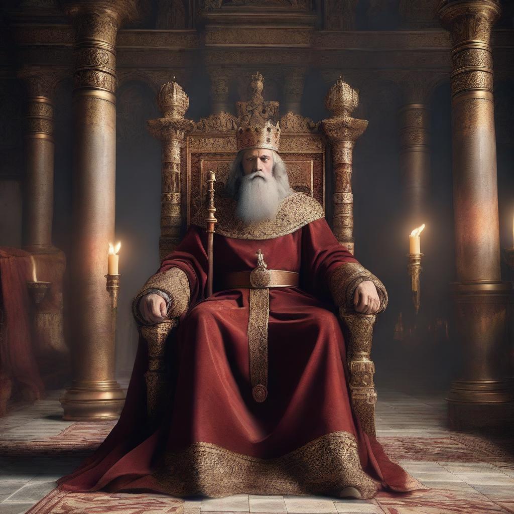 An angry king seated on his ornate throne in a grand medieval hall