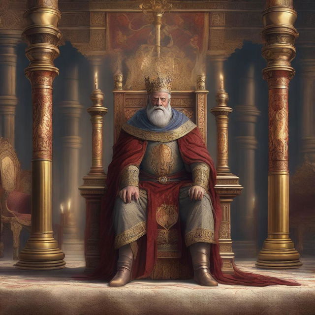 An angry king seated on his ornate throne in a grand medieval hall