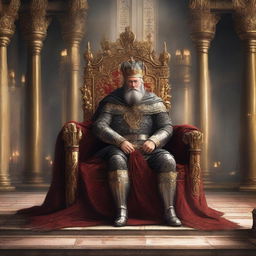 An angry king seated on his ornate throne in a grand medieval hall