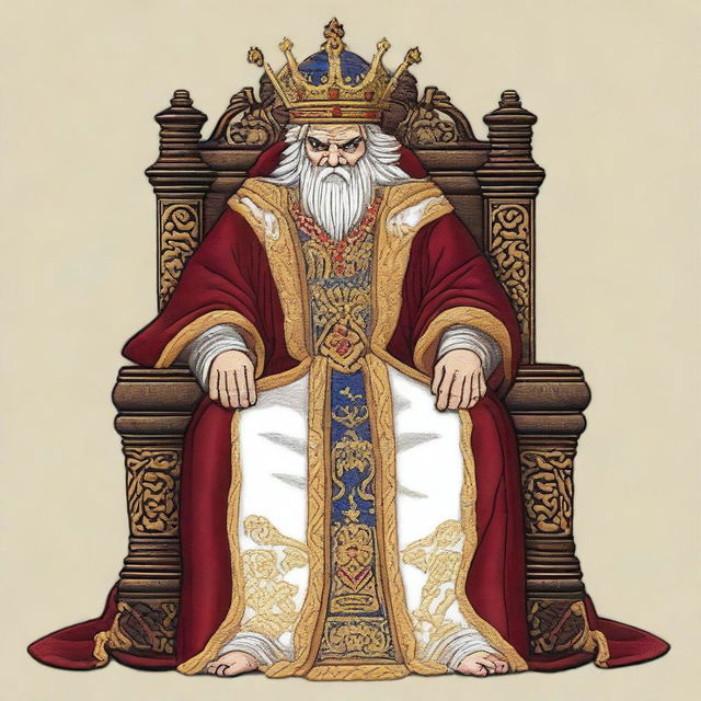 An embroidery design featuring an angry king seated on his ornate throne