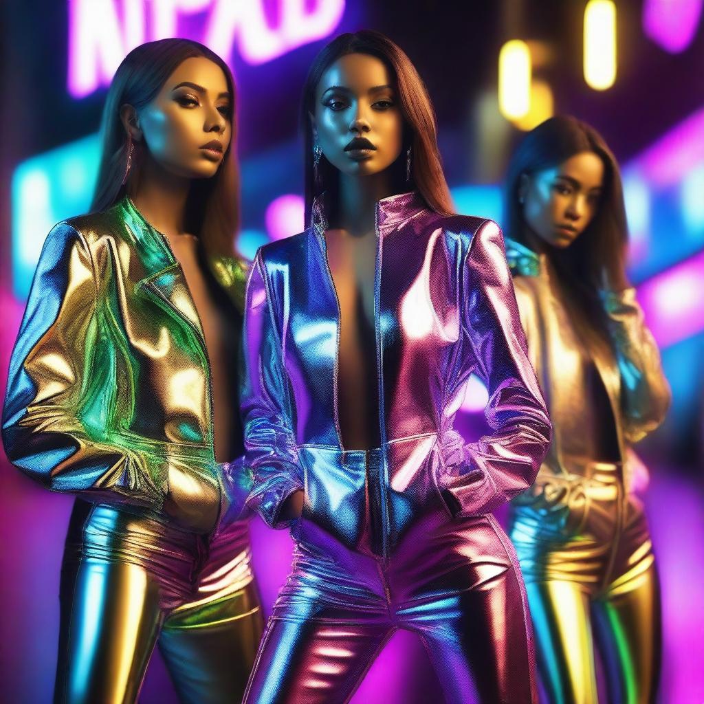 An image of stylish women wearing metallic jackets, striking confident and alluring poses