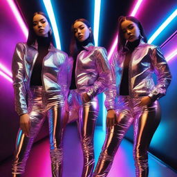 An image of stylish women wearing metallic jackets, striking confident and alluring poses