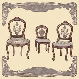 An embroidery design featuring three different chairs