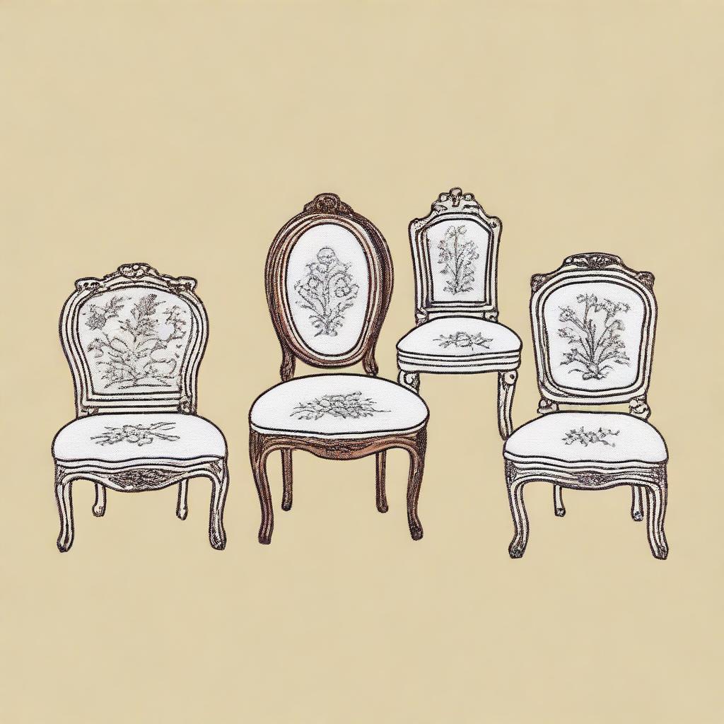 An embroidery design featuring three different chairs