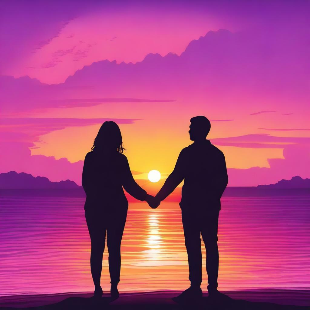 A romantic couple standing together, holding hands, watching a beautiful sunset over the horizon