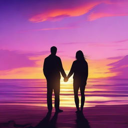 A romantic couple standing together, holding hands, watching a beautiful sunset over the horizon