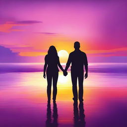 A romantic couple standing together, holding hands, watching a beautiful sunset over the horizon