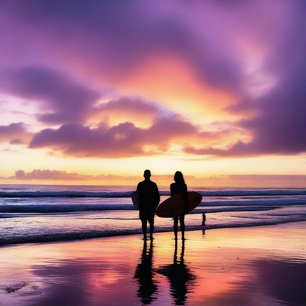 A couple standing on the beach with surfboards, watching the sunset