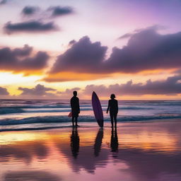 A couple standing on the beach with surfboards, watching the sunset