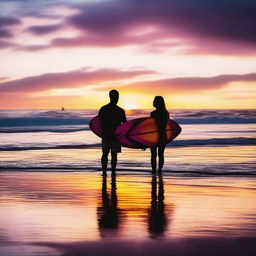 A couple standing on the beach with surfboards, watching the sunset