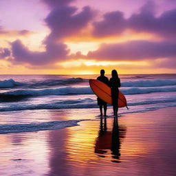 A couple standing on the beach with surfboards, watching the sunset