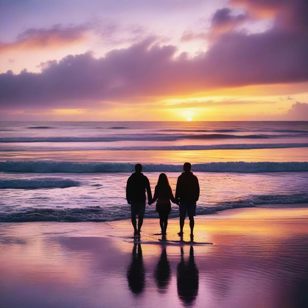 A couple standing on the beach, holding hands and watching the sunset