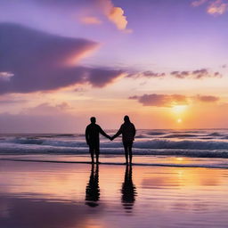 A couple standing on the beach, holding hands and watching the sunset