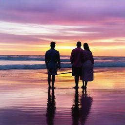 A couple standing on the beach, holding hands and watching the sunset