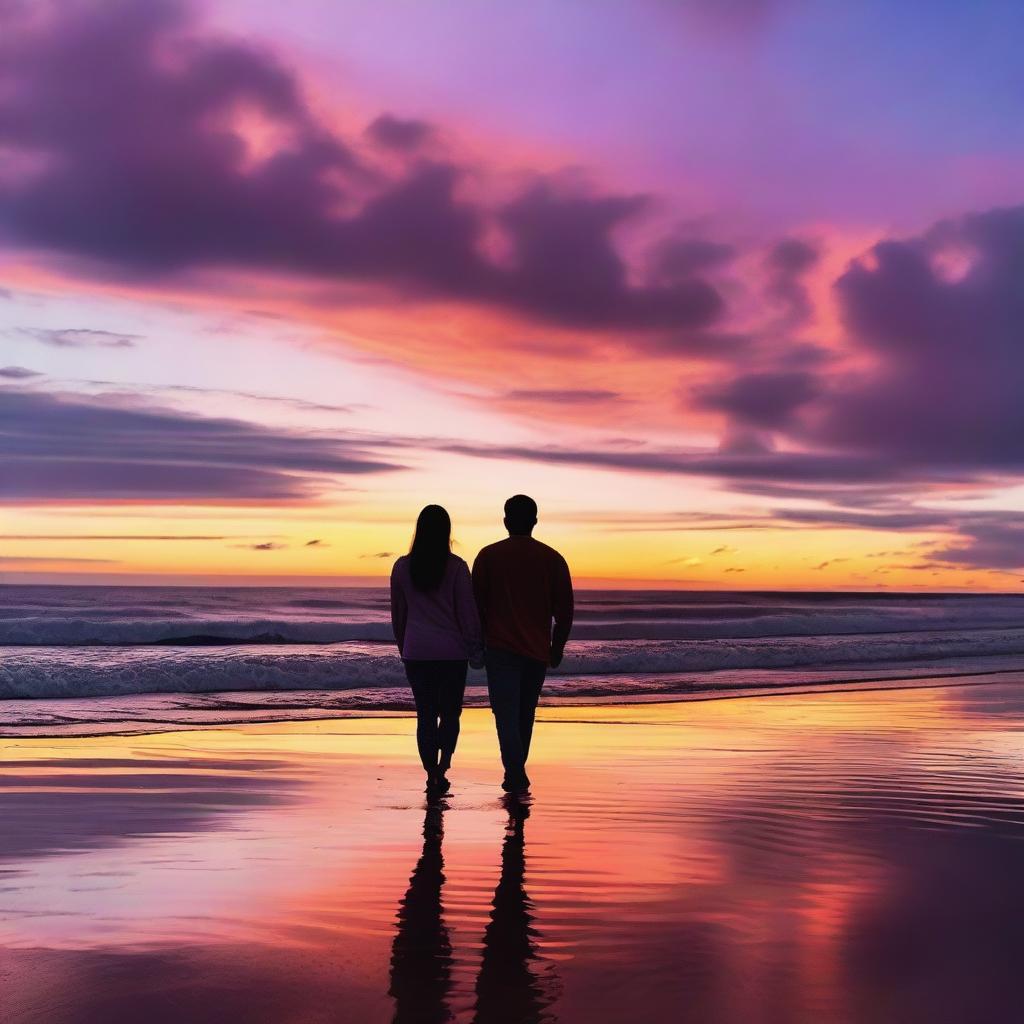 A couple standing on the beach, holding hands and watching the sunset