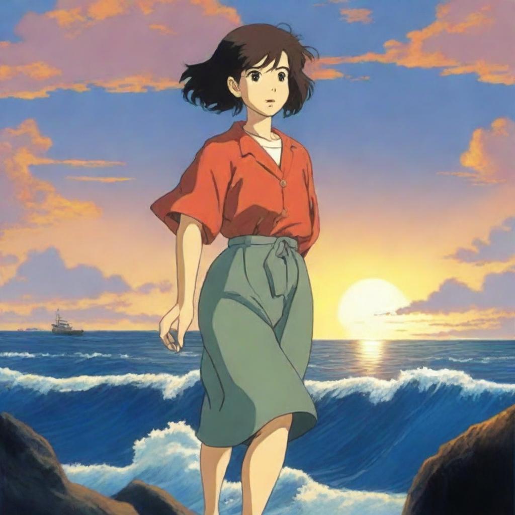 Create a detailed Studio Ghibli poster featuring an expansive ocean under a setting sun with excellent use of lighting