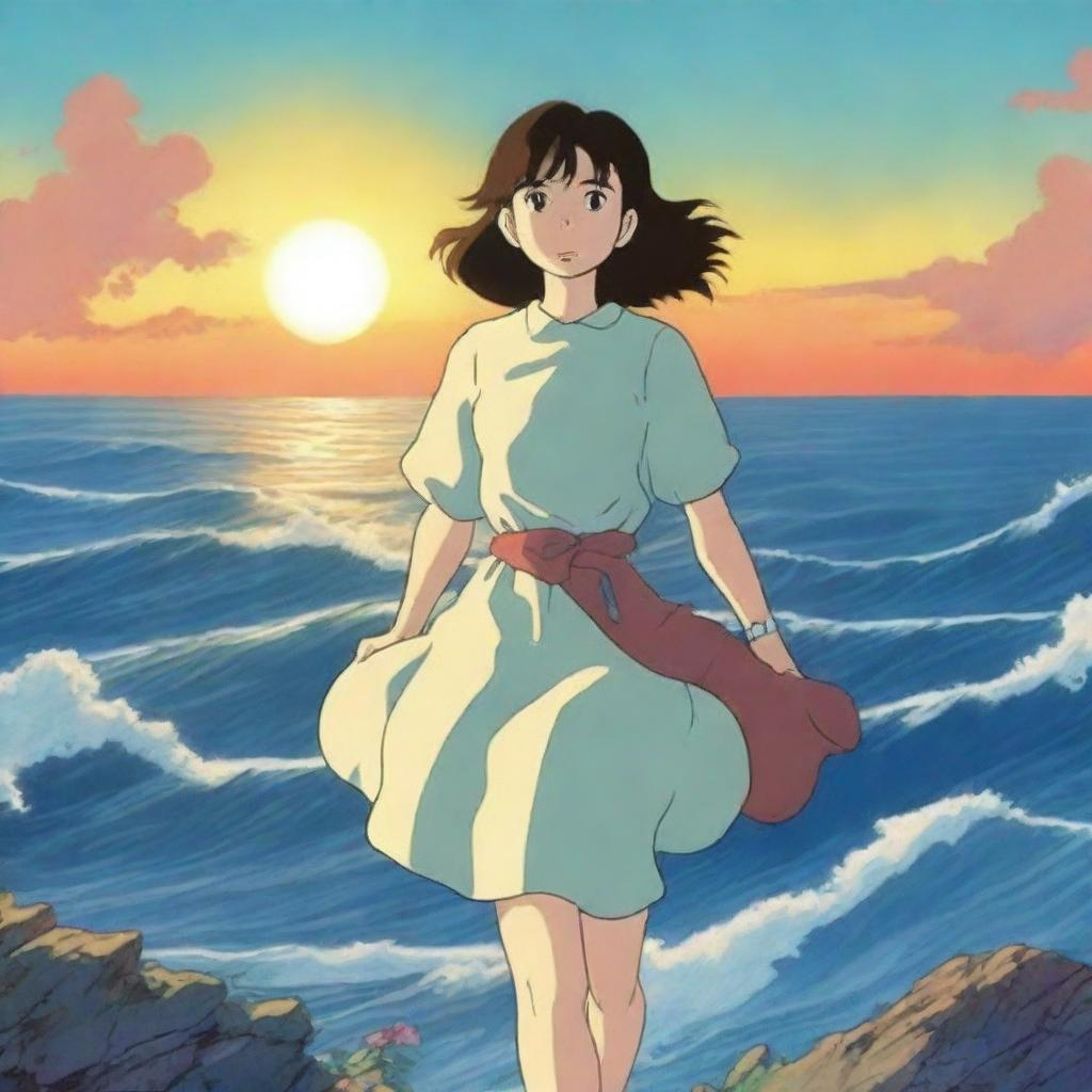 Create a detailed Studio Ghibli poster featuring an expansive ocean under a setting sun with excellent use of lighting