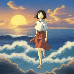 Create a detailed Studio Ghibli poster featuring an expansive ocean under a setting sun with excellent use of lighting