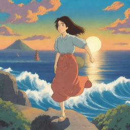 Create a detailed Studio Ghibli poster featuring an expansive ocean under a setting sun with excellent use of lighting