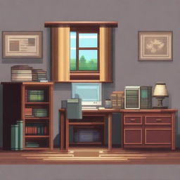 A pixel art image depicting a cozy home environment with a student doing homework at a desk