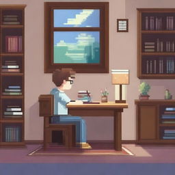 A pixel art image depicting a cozy home environment with a student doing homework at a desk